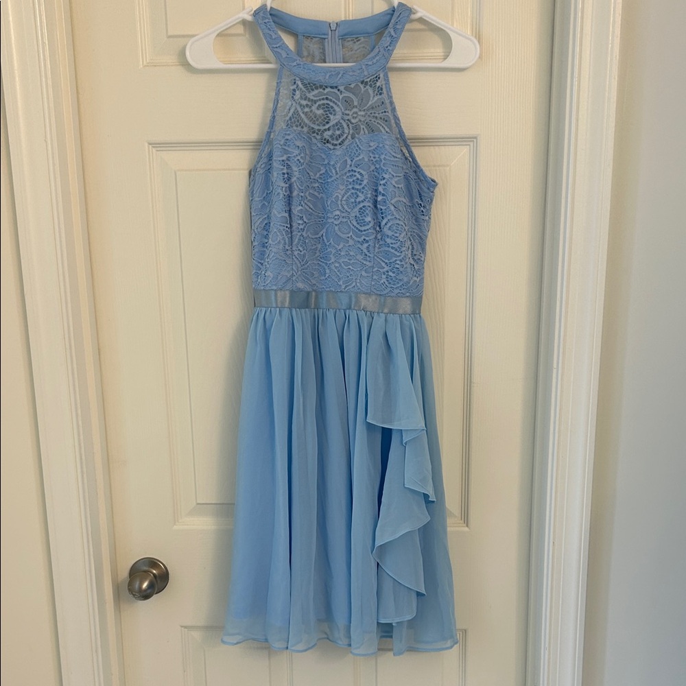 Elegant Blue Lace & Chiffon Dress